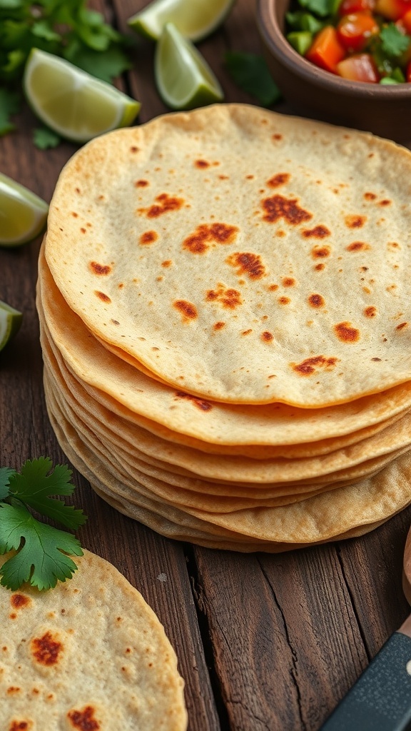Freshly made corn tortillas stacked on a wooden table with cilantro and lime.